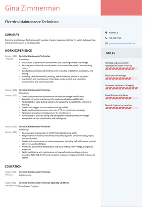 Electrical Maintenance Technician Resume Sample and Template