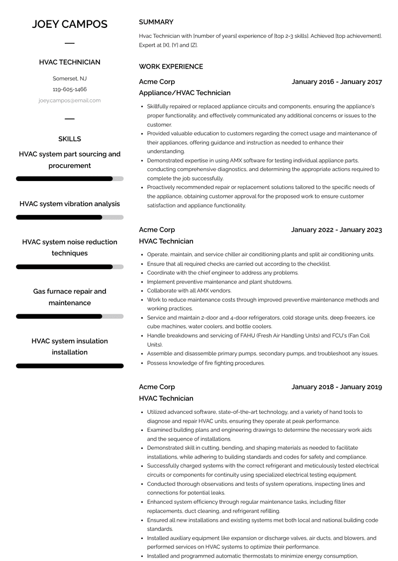 Hvac Technician Resume Sample and Template