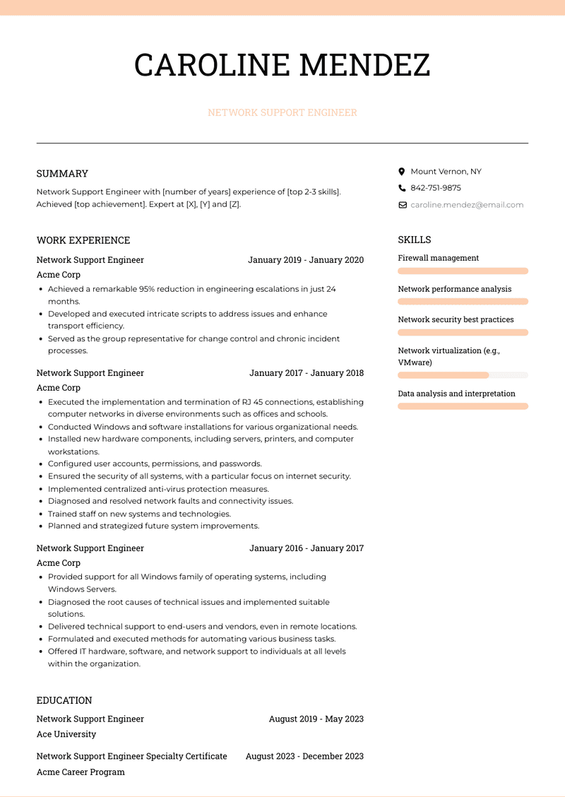 Network Support Engineer Resume Sample and Template