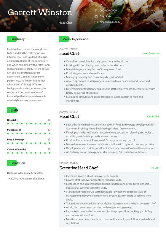 Head Chef Resume Template and Example - Rainier by VisualCV