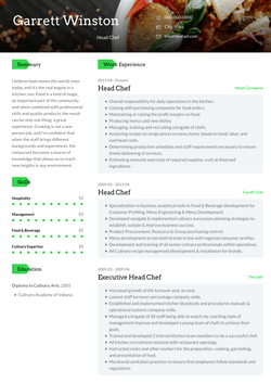 Head Chef Resume Template and Example - Rainier by VisualCV