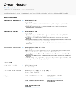 Bridal Consultant Resume Sample and Template