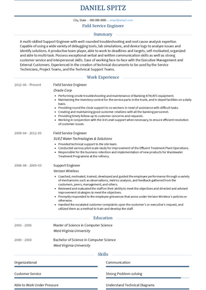 Field Service Engineer Resume Sample and Template