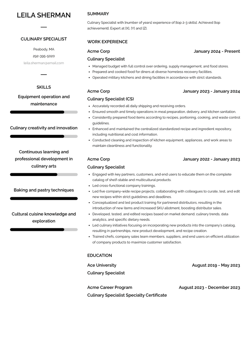 Culinary Specialist Resume Sample and Template