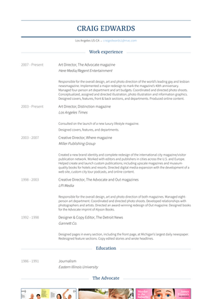 Art Director, The Advocate Magazine Resume Sample and Template