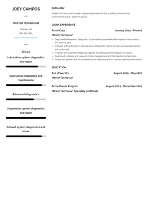 Master Technician Resume Sample and Template