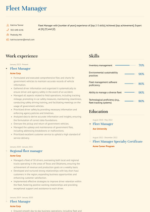 Fleet Manager Resume Sample and Template