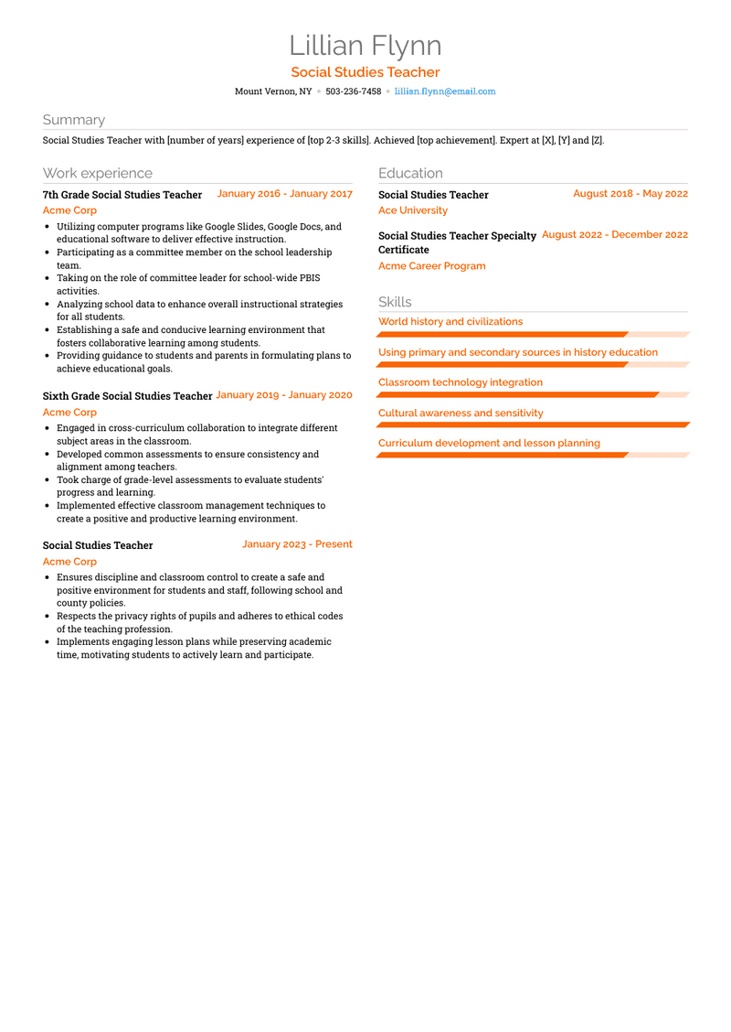 Social Studies Teacher Resume Sample and Template