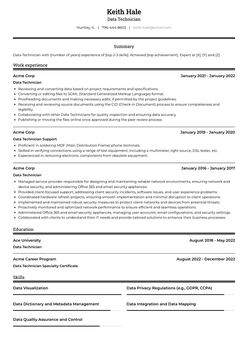 Data Technician Resume Sample and Template