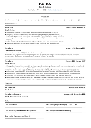 Data Technician Resume Sample and Template