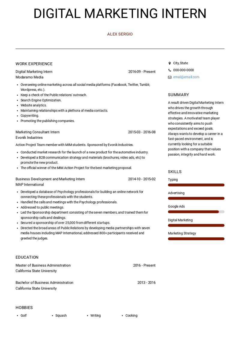 Digital Marketing Intern Resume Sample and Template