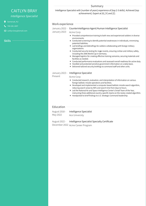 Intelligence Specialist Resume Sample and Template