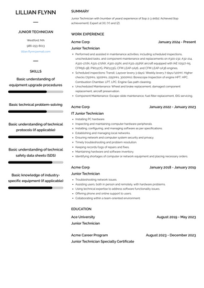 Junior Technician Resume Sample and Template