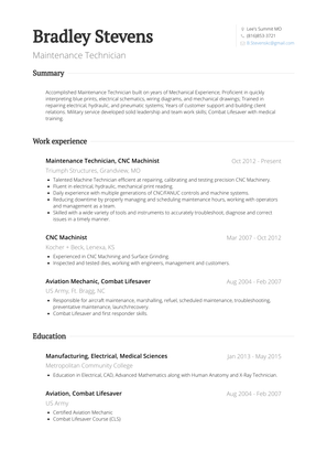 Maintenance Technician, Cnc Machinist Resume Sample and Template