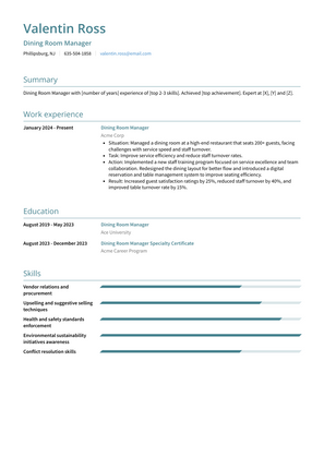 Dining Room Manager Resume Sample and Template