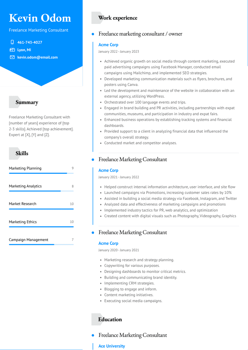 Freelance Marketing Consultant Resume Sample and Template