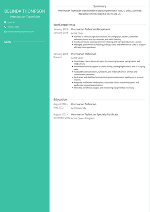 Veterinarian Technician Resume Sample and Template