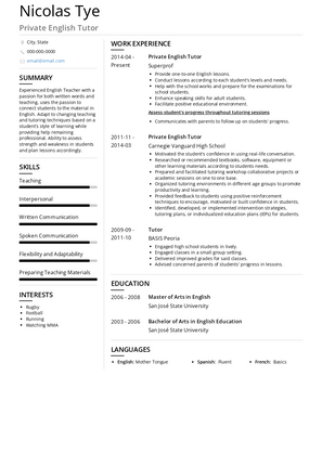 Private English Tutor Resume Sample and Template