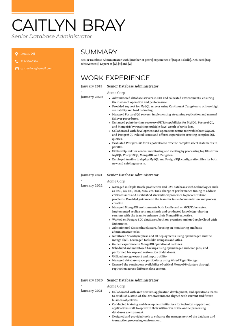 Senior Database Administrator Resume Sample and Template