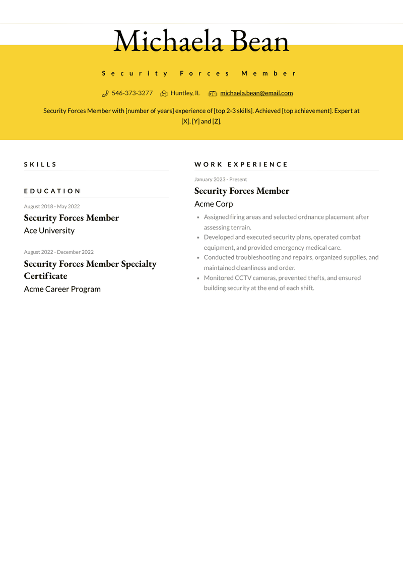 Security Forces Member Resume Sample and Template