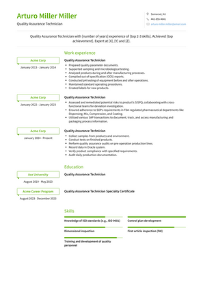 Quality Assurance Technician Resume Sample and Template