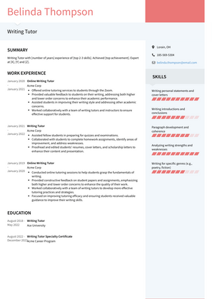 Writing Tutor Resume Sample and Template