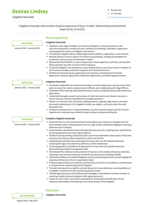 Litigation Associate Resume Sample and Template