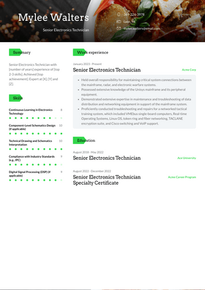 Senior Electronics Technician Resume Sample and Template