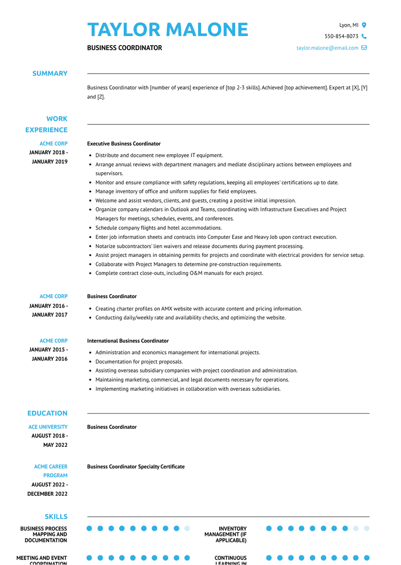 Business Coordinator Resume Sample and Template
