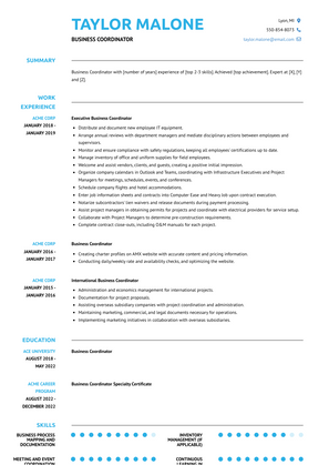 Business Coordinator Resume Sample and Template