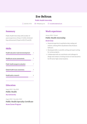 Public Health Internship Resume Sample and Template