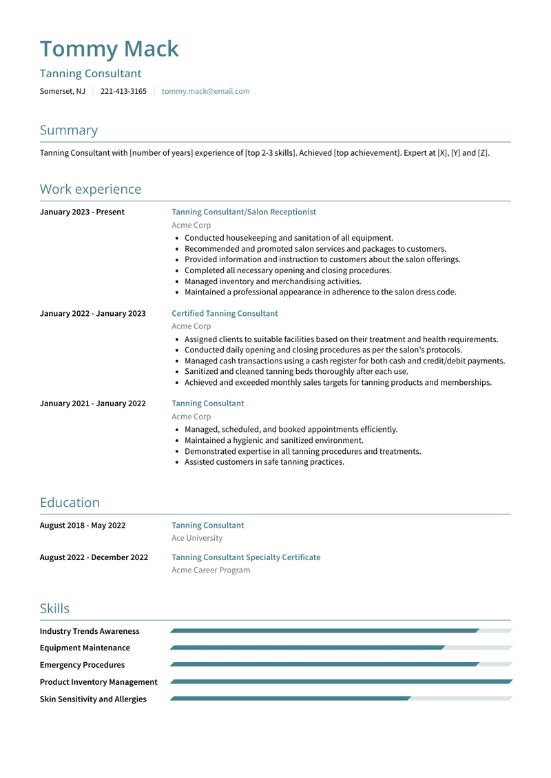 Tanning Consultant Resume Sample and Template