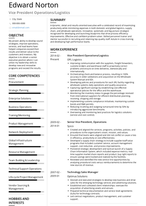 Vice President Operations/Logistics Resume Sample and Template