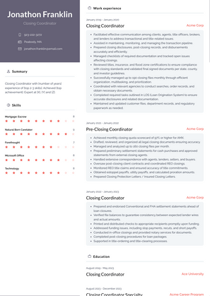 Closing Coordinator Resume Sample and Template