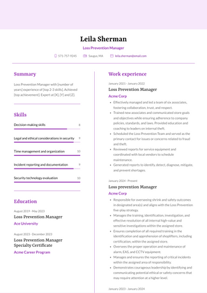 Loss Prevention Manager Resume Sample and Template