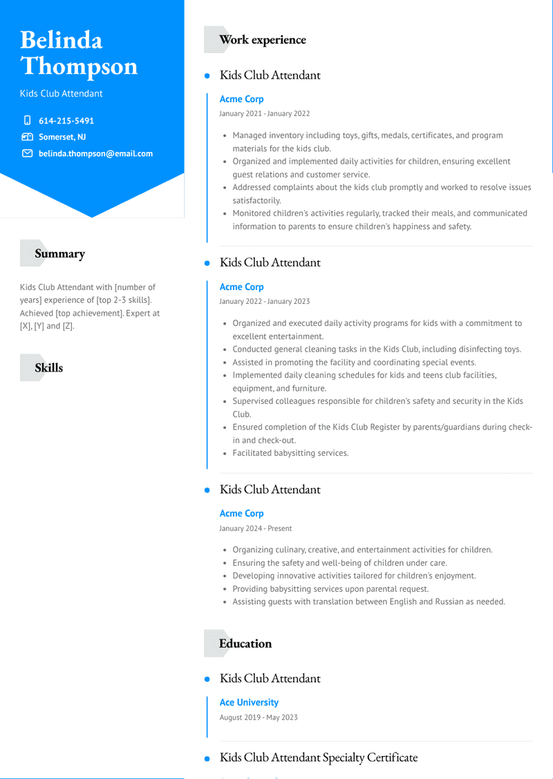 Kids Club Attendant Resume Sample and Template