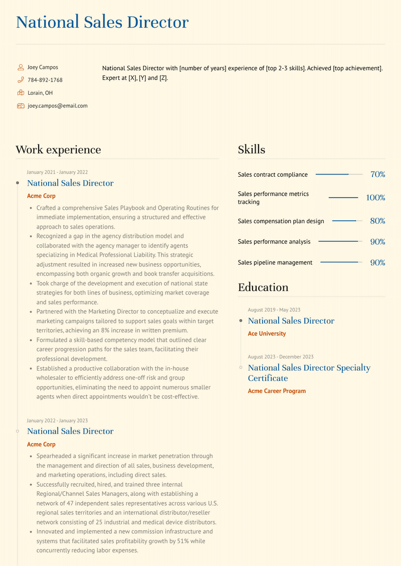 National Sales Director Resume Sample and Template