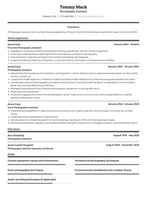 Photography Assistant Resume Sample and Template