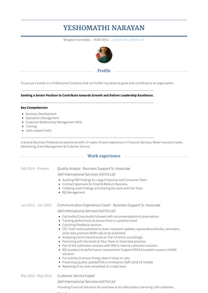 Quality Analyst   Business Support Sr. Associate Resume Sample and Template