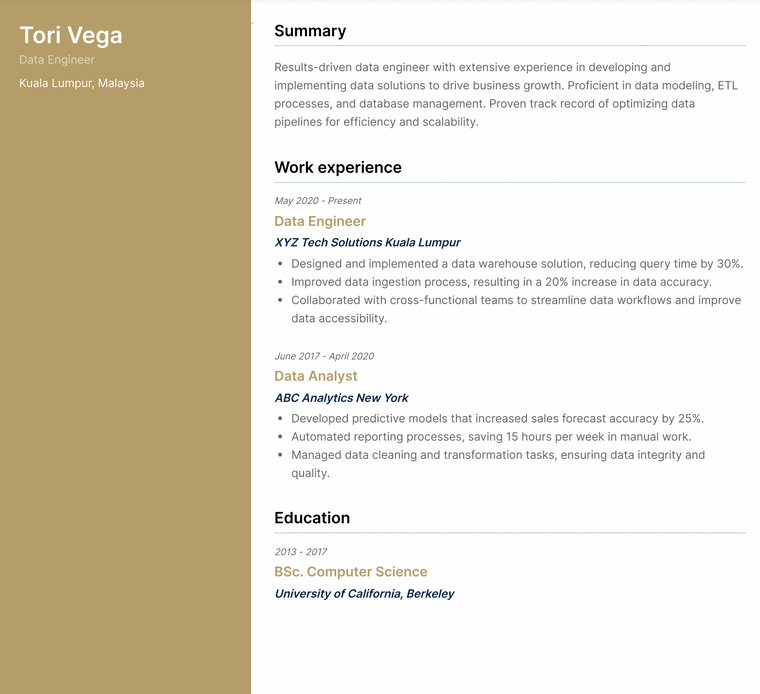 Malaysia Resume Example - Data Engineer