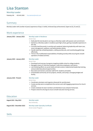 Worship Leader Resume Sample and Template