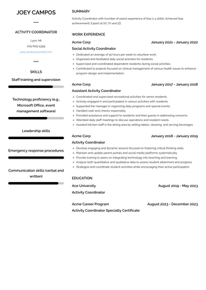 Activity Coordinator Resume Sample and Template