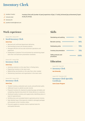 Inventory Clerk Resume Sample and Template