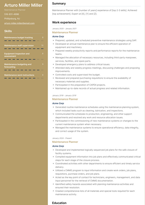 Maintenance Planner Resume Sample and Template