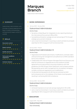 Subcontract Administrator Resume Sample and Template