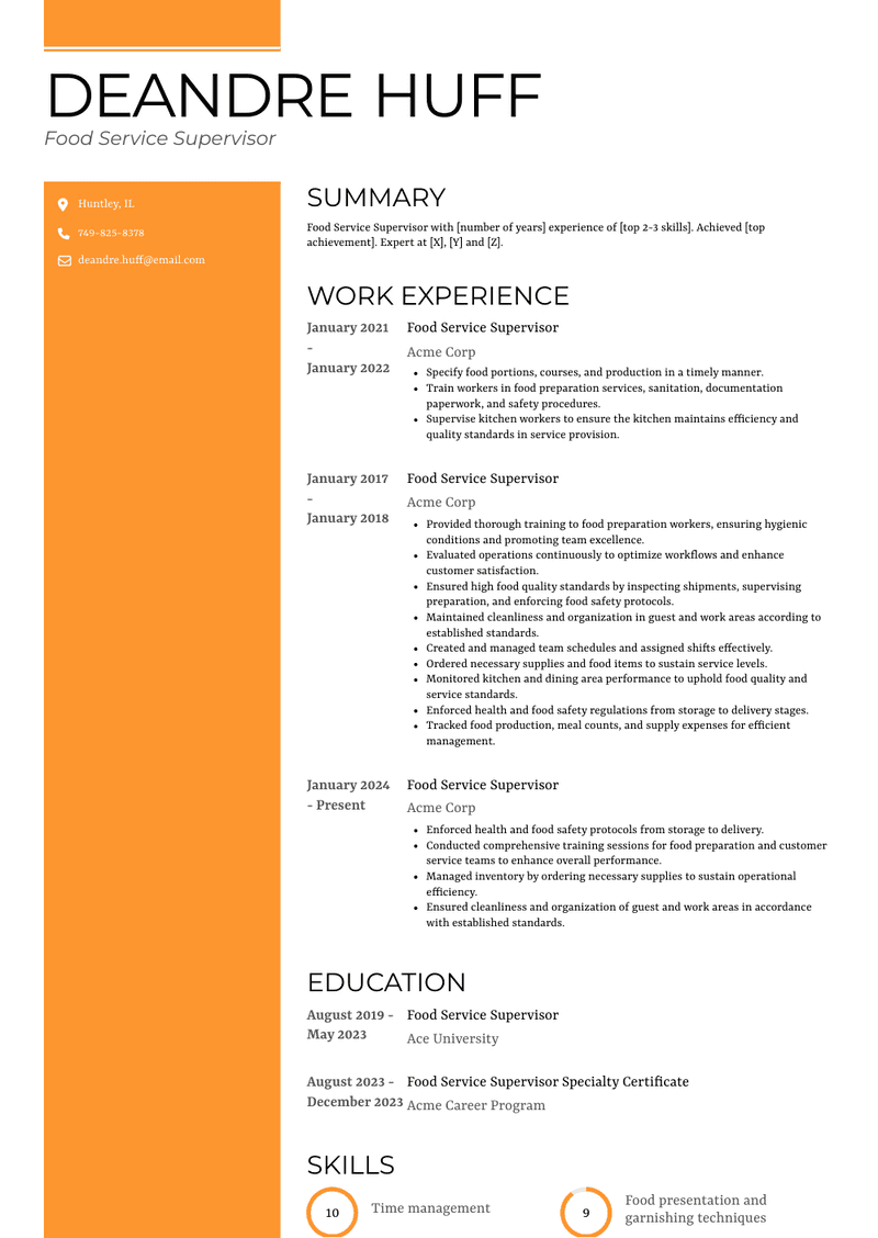 Food Service Supervisor Resume Sample and Template