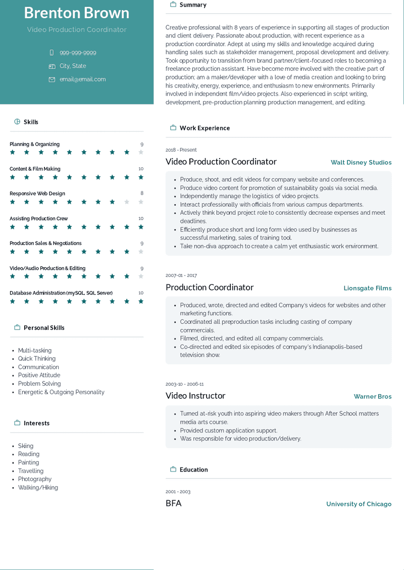 Video Production Coordinator Resume Sample and Template