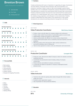 Video Production Coordinator Resume Sample and Template