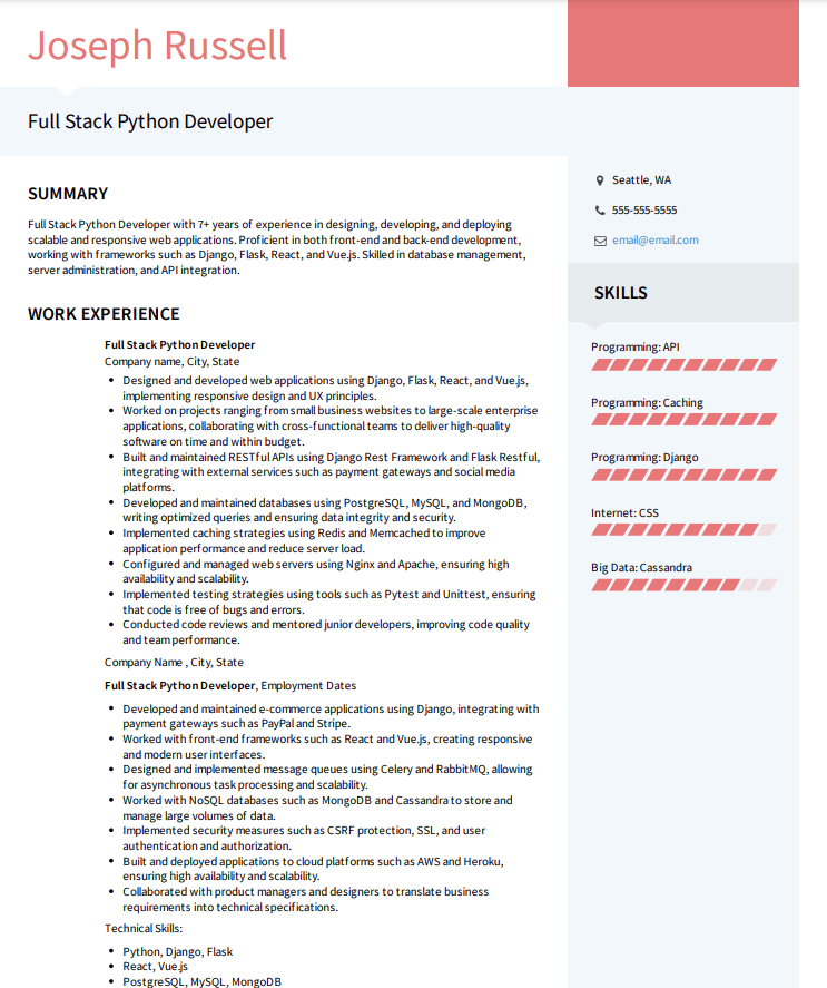 full stack python developer resume example