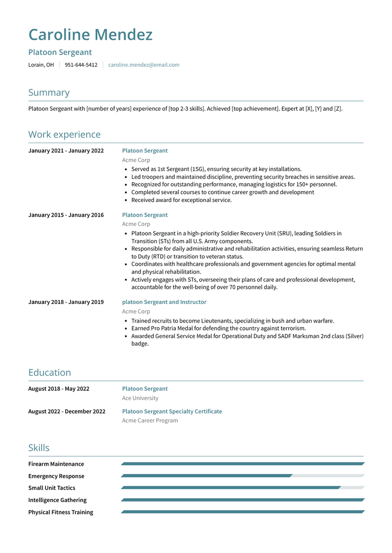 Platoon Sergeant Resume Sample and Template